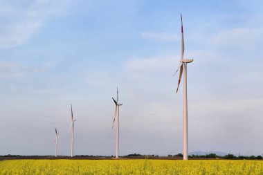Rüzgar Çiftliği, alacakaranlık zamanında Alibunar, Sırbistan 