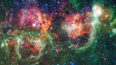 Parlayan dev nebula. Kırmızı nebula ve yıldızlı uzay arkaplanı. Bu görüntünün elementleri NASA tarafından desteklenmektedir.