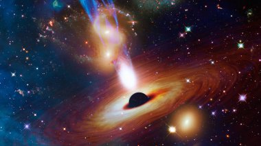 Uzayın derinliklerinde jetleri olan bir kuasar. Bu görüntünün elementleri NASA tarafından desteklenmektedir.
