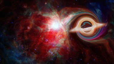 Karanlık uzayda büyük bir kara deliğin simülasyonu. Bu görüntünün elementleri NASA tarafından desteklenmektedir.