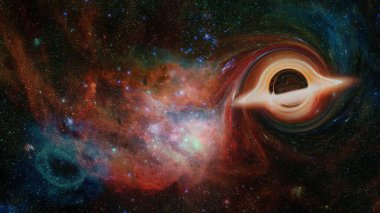 Karanlık uzayda büyük bir kara deliğin simülasyonu. Bu görüntünün elementleri NASA tarafından desteklenmektedir.