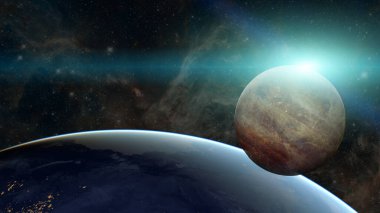 Güneş doğarken dış gezegenlerle birlikte uzayda uzak gezegen sistemi. Bu görüntünün elementleri NASA tarafından desteklenmektedir
