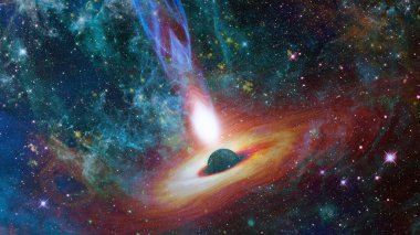 Uzayın derinliklerinde jetleri olan bir kuasar. Bu görüntünün elementleri NASA tarafından desteklenmektedir.