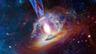 Uzayın derinliklerinde jetleri olan bir kuasar. Bu görüntünün elementleri NASA tarafından desteklenmektedir