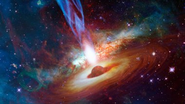 Uzayın derinliklerinde jetleri olan bir kuasar. Bu görüntünün elementleri NASA tarafından desteklenmektedir