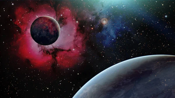 Távoli Bolygórendszer Űrben Exobolygókkal Napkeltekor Kép Elemeit Nasa Bocsátotta Rendelkezésre — Stock Fotó