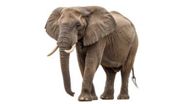 Görkemli Afrika fili bembeyaz arka planda izole edilmiş tüm vücut portresi. Eğitim projeleri, hayvanat bahçesi posterleri, hayvan çalışmaları, safari temaları ve ticari tasarım kullanımı için mükemmel bir vahşi yaşam biçimi.