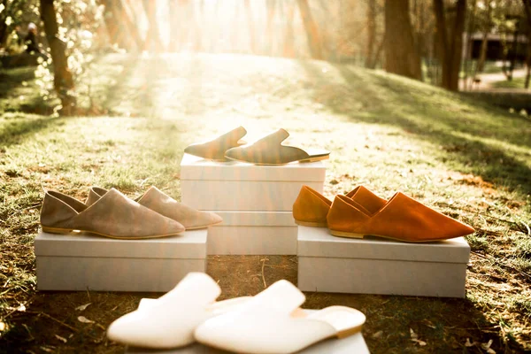 suede comfortable casual shoes outdoors on the grass in the park or in the forest, the sun shines on boxes with shoes