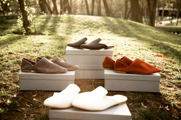 suede comfortable casual shoes outdoors on the grass in the park or in the forest, the sun shines on boxes with shoes