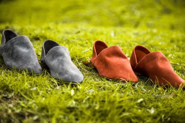 suede comfortable casual shoes outdoors on the grass in the park or in the forest, the sun shines on boxes with shoes