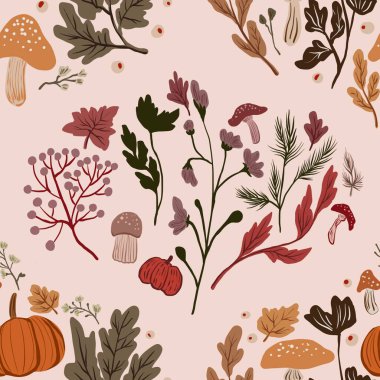 Güz Kış Şablonu Kapak, Bayrak ve Notlar için Arkaplan Çizimi. Sonbahar Estetik Arkaplanı. Bitki ve Çiçek Desenli Arkaplan. 