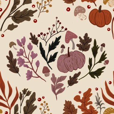 Güz Kış Şablonu Kapak, Bayrak ve Notlar için Arkaplan Çizimi. Sonbahar Estetik Arkaplanı. Bitki ve Çiçek Desenli Arkaplan. 