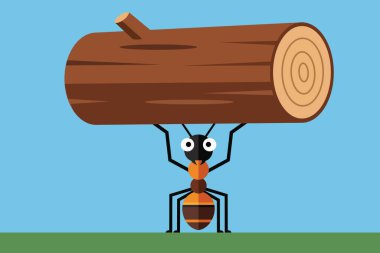 Ağır bir ahşap kütüğü kaldırarak gücünü gösteren bir karınca tasviri. Minimalist bir vektör tasarımında dayanıklılık, kararlılık ve sıkı çalışmayı temsil eder..