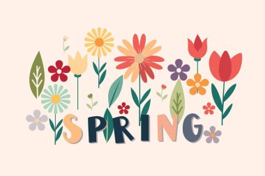 Dekoratif tipografi ile eşleştirilmiş temiz ve minimal bir bahar çiçeğinin canlı bir çizimi açık renkli arka planda 'bahar'.