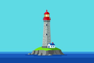 Kırmızı çatılı bir deniz feneri okyanusla çevrili yeşil bir adada duruyor, rehberlik ve güvenliği simgeliyor. Deniz fenerinin yanındaki küçük beyaz ev sakin deniz manzarasını tamamlıyor..
