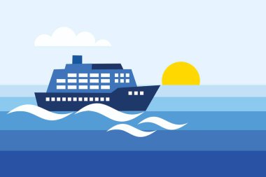 Güneş doğarken sakin sularda yüzen büyük bir yolcu gemisinin tasviri seyahat ve macerayı simgeliyor..