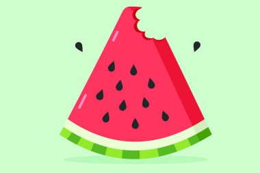 Yeşil kabuklu parlak kırmızı karpuz diliminin vektör çizimi, ince beyaz arka plan ve yaz tazeliğini ve ferahlatıcı keyfi sembolize eden küçük bir ısırık.