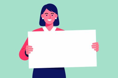 Beyaz bir tabela ile poz veren bir kadının neşeli bir canlandırması. Metin veya iş tasarımları eklemek için uygun..