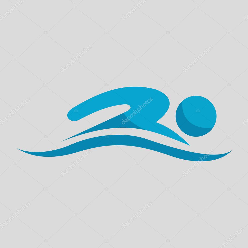 A simplified blue figure of a swimmer over stylized waves, symbolizing water activities. Ideal for sports, swimming-related designs, and health and fitness branding.