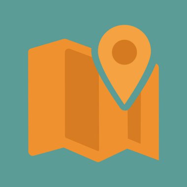 An illustrated icon depicting a folded map with a pinpoint marker showing a specific location, symbolizing navigation and geographic concepts