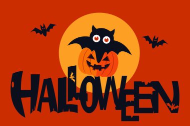 Festive Halloween design featuring a bat over a carved pumpkin and a full moon against an orange background with spooky bats. Perfect for seasonal decorations and holiday-themed designs