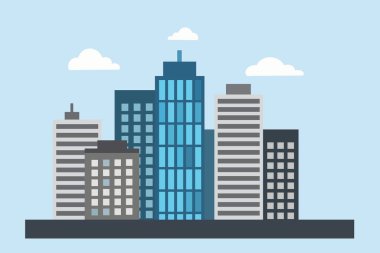 Flat vector art depicting a city skyline featuring modern skyscrapers and a serene blue sky with clouds, emphasizing urban architecture, progress, and contemporary lifestyle