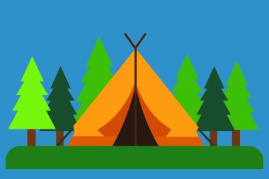 Bright illustration of a yellow camping tent surrounded by pine trees with a clear sky