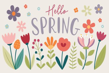 A cheerful spring illustration with bright flowers, bold leaves, and the text 