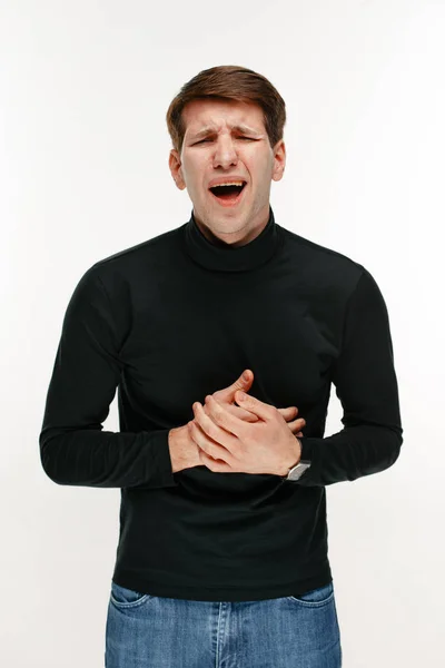 Hombre Con Dolor Estómago Fondo Blanco Del Estudio —  Fotos de Stock