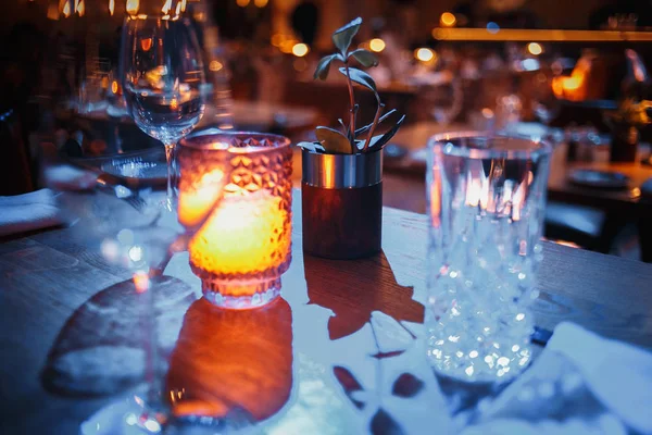 Lit Candle Served Table Restaurant — Stock Photo, Image