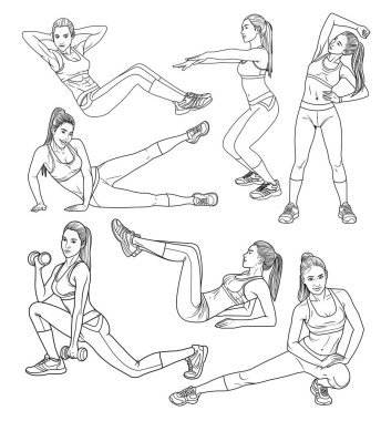 Egzersiz yapan bir kadının çizimleri.
