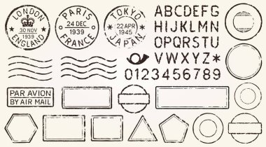 Retro Grunge Seyahat Postası Damgaları Çerçeve Şekilleri Harflerle Ayarlandı. Siyah Metin Postası ve Meydan Boş Pul Sınır Paketi. Boş Posta Damga Şablonu Grunge Mürekkep Lastik Etiketleri Koleksiyonu. Vektör