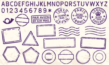 Retro Grunge Seyahat Postası Damgaları Çerçeve Şekilleri Harflerle Ayarlandı. Siyah Metin Postası ve Meydan Boş Pul Sınır Paketi. Boş Posta Damga Şablonu Grunge Mürekkep Lastik Etiketleri Koleksiyonu. Vektör