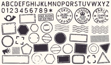 Retro Grunge Seyahat Postası Damgaları Çerçeve Şekilleri Harflerle Ayarlandı. Siyah Metin Postası ve Meydan Boş Pul Sınır Paketi. Boş Posta Damga Şablonu Grunge Mürekkep Lastik Etiketleri Koleksiyonu. Vektör