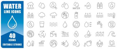 Water Line Icon Set Features 40 Editable Stroke Thin Line Symbols Including Drops, Waves, Taps,  And H2O Elements. Perfect For Apps, Infographics, Websites, And Design Projects. Isolated Vector  