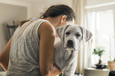 Genç Sevimli beyaz labrador retriever köpek köpek ve kadın kişi birlikte açık havada Tren 