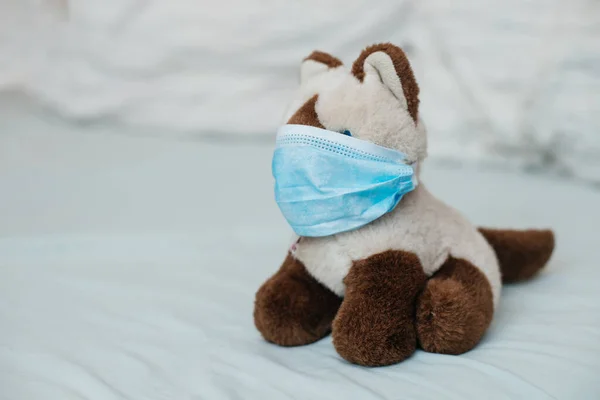 Katze Siam Mit Medizinischen Masken Auf Dem Bett Kranker Bei — Stockfoto