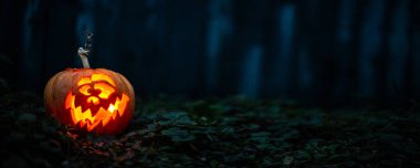 Karanlık bir ormandaki ağaç kütüğüne parlayan bir yüzle oyulmuş Cadılar Bayramı balkabağı.