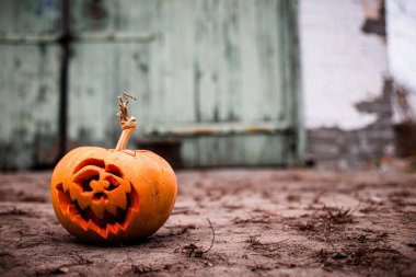 Turuncu kriko-fener eski yıpranmış mavi kapıların önünde kumlu zeminde dinleniyor..