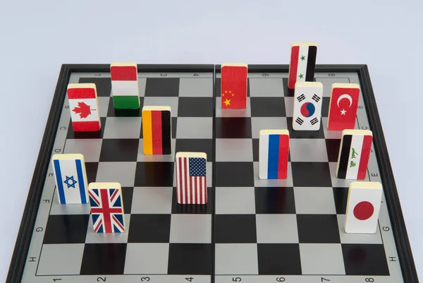 Символи Країн Шаховій Дошці Концептуальна Фотографія Політичні Ігри — стокове фото