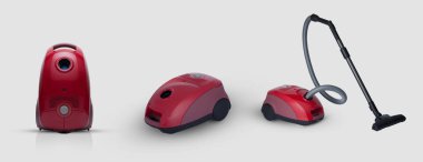 modern ev elektrikli süpürge kırmızı renk tam görünümünü beyaz zemin üzerinde. kopya alanı ve dışarı kesim için