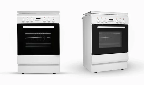 Moderní Domácnost Kuchyň Trouba Dvou Přezkum Ustanovení Bílém Pozadí Kuchyňské — Stock fotografie