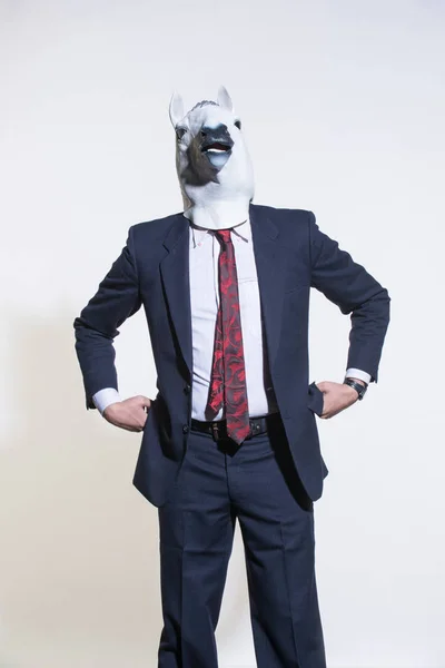 Homme Costume Masque Cheval Sur Fond Clair Contexte Conceptuel Entreprise — Photo