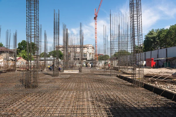 Construcción Nuevo Edificio Marco Hormigón Refuerzo Con Grúa Vista General — Foto de Stock