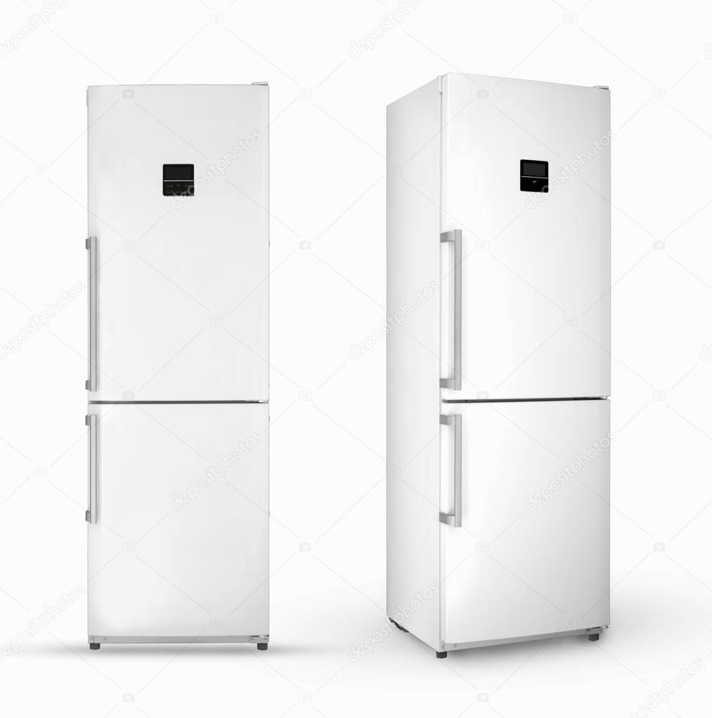 modern household two-chamber refrigerator on a white background, two angles and positions, isolated