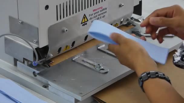 Woman Sewing Shop Press Machine Gives Shape Shirt Collar Cuffs — Stock Video