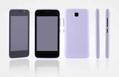 Modern cep telefonu yansıması ile beyaz arka plan üzerinde farklı açılarla gözden geçirin. kopya alanı ve dışarı kesim için