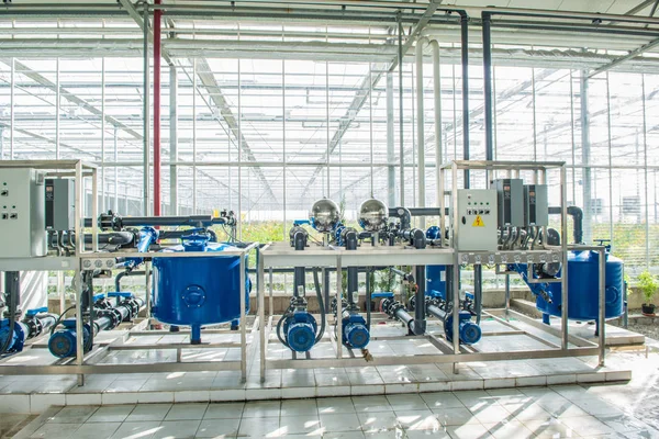 Interior Equipment Pipelines Water Tank Modern Greenhouse — Stock Photo, Image