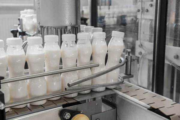 plastic milk bottles on conveyor belt. equipment at the dairy plant