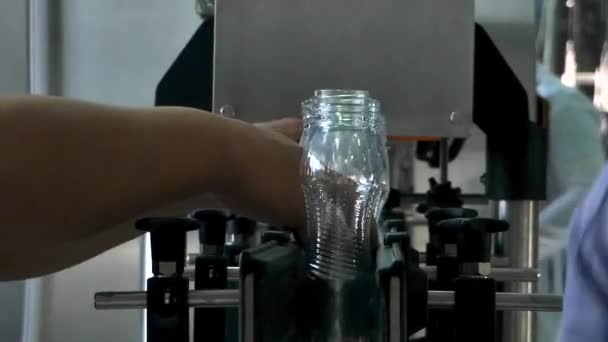 Workers Put Plastic Bottles Conveyor Belt Equipment Dairy Plant — Stock Video